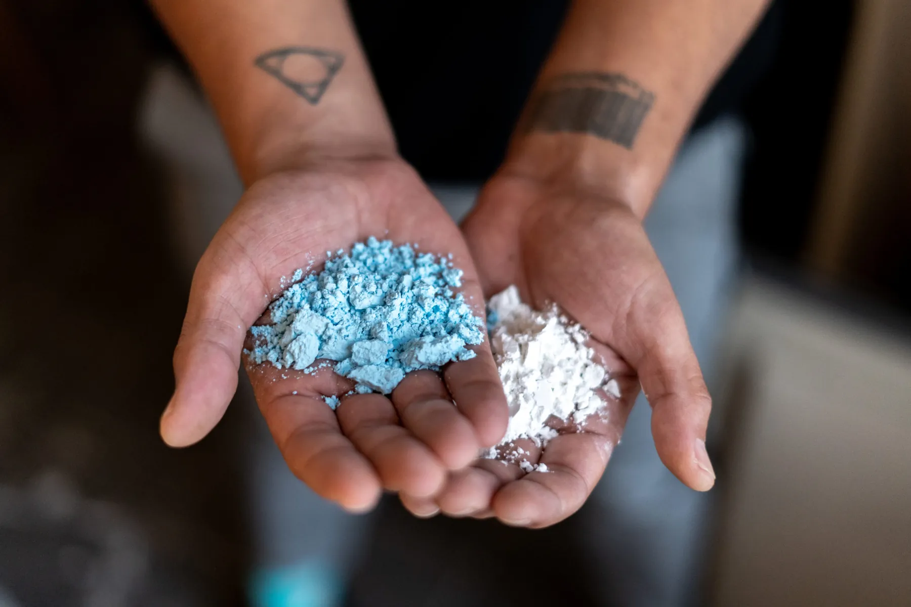 Two open hands holding blue and white pigment powder